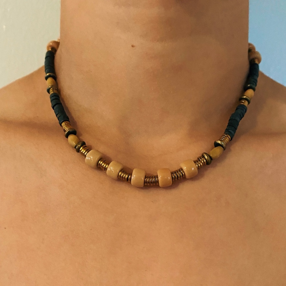 Glass and wood beaded necklace